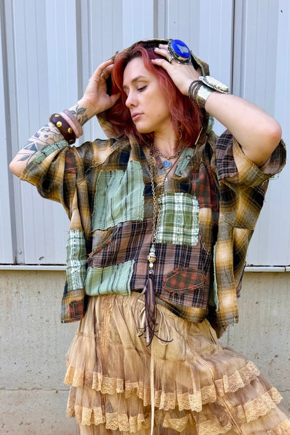Kicking Leaves Flannel Patchwork Hoodie - ivyandlavyboutique Blue Velvet
