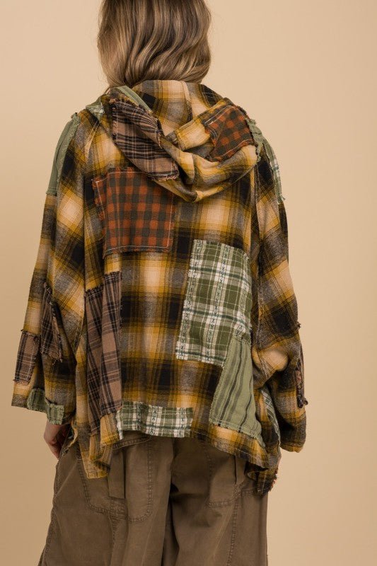 Kicking Leaves Flannel Patchwork Hoodie - ivyandlavyboutique Blue Velvet