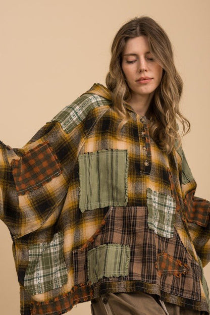 Kicking Leaves Flannel Patchwork Hoodie - ivyandlavyboutique Blue Velvet