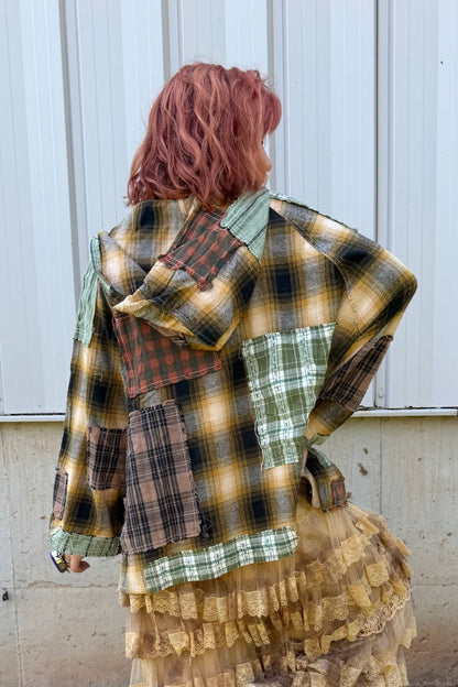 Kicking Leaves Flannel Patchwork Hoodie - ivyandlavyboutique Blue Velvet