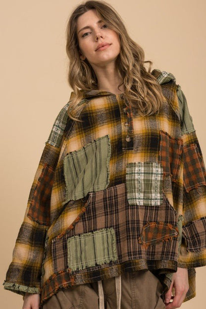 Kicking Leaves Flannel Patchwork Hoodie - ivyandlavyboutique Blue Velvet
