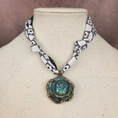Labradorite Flower Tibetan Pendant Ribbon Necklace - ivyandlavyboutique ZINC Designs