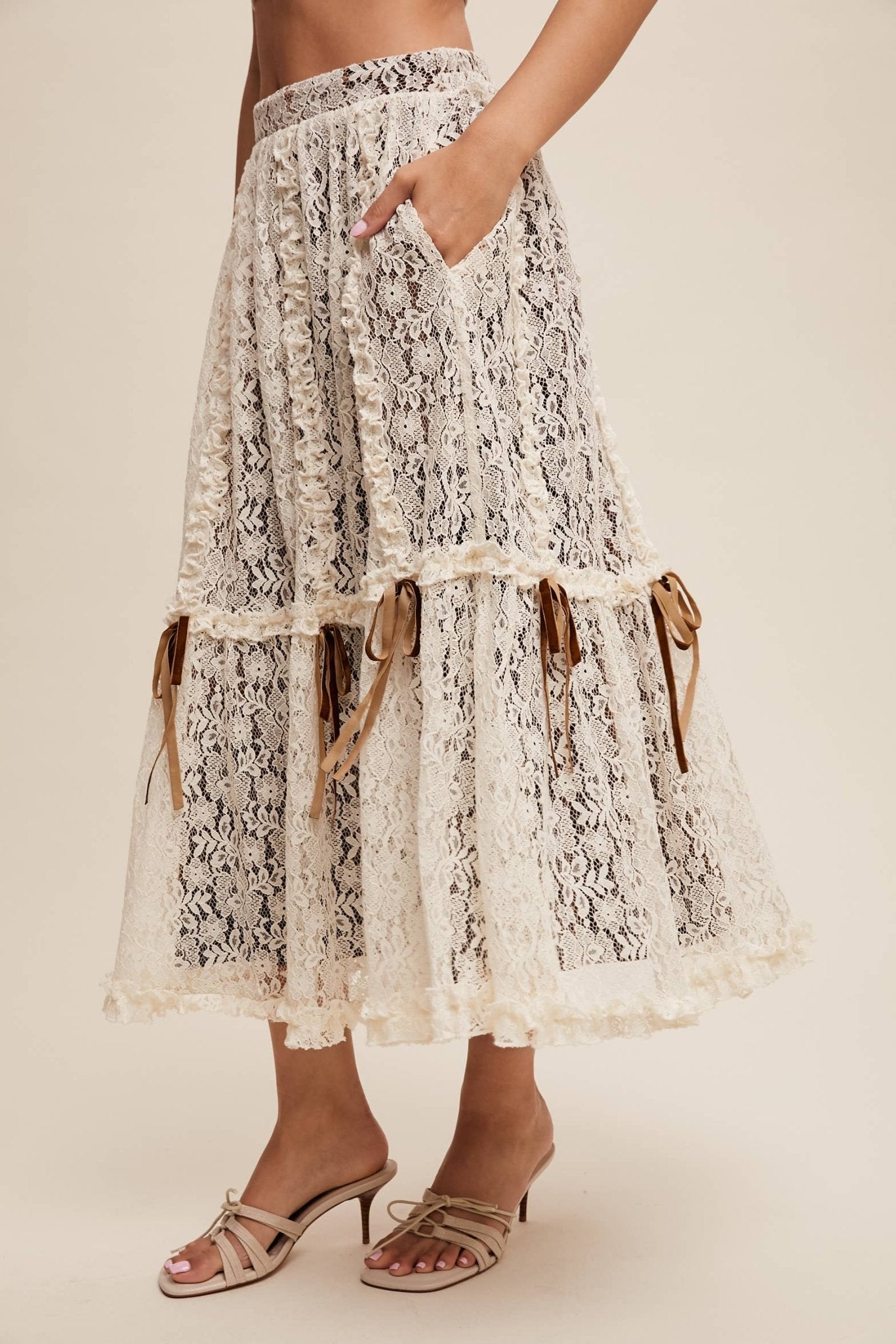 Lace Midi Skirt with Ribbon Details in Natural - ivyandlavyboutique Listicle