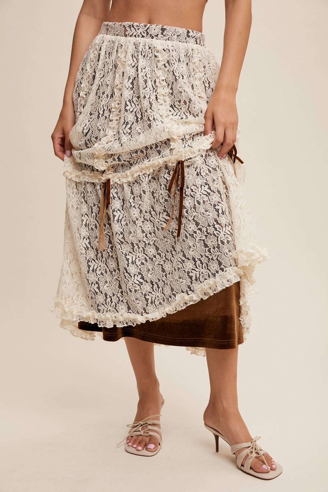 Lace Midi Skirt with Ribbon Details in Natural - ivyandlavyboutique Listicle