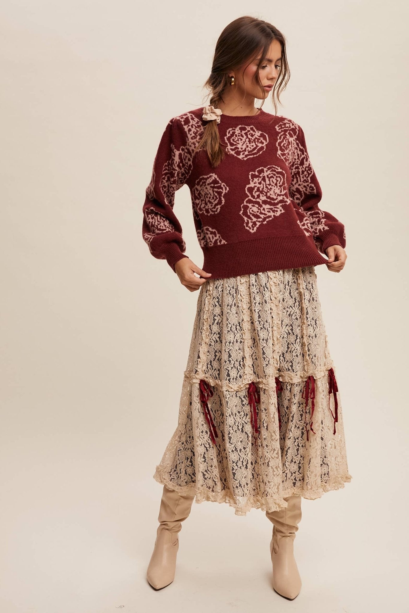 Lace Midi Skirt with Ribbon Details in Natural - ivyandlavyboutique Listicle