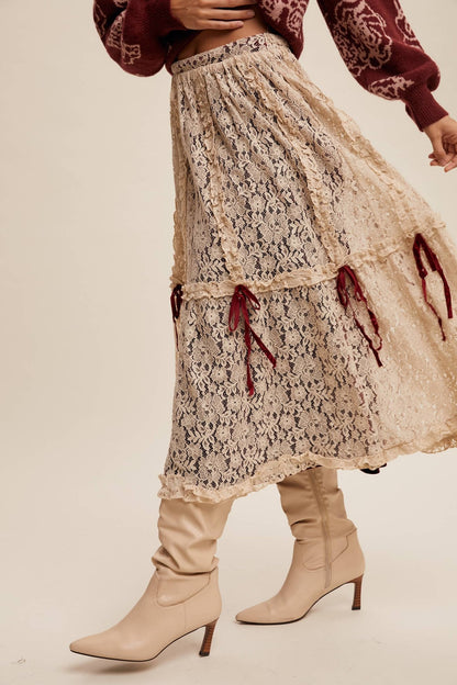 Lace Midi Skirt with Ribbon Details in Natural - ivyandlavyboutique Listicle