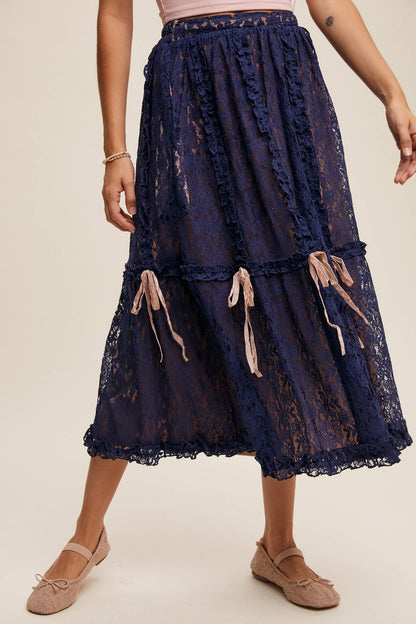 Lace Midi Skirt with Ribbon Details in Navy - ivyandlavyboutique Listicle