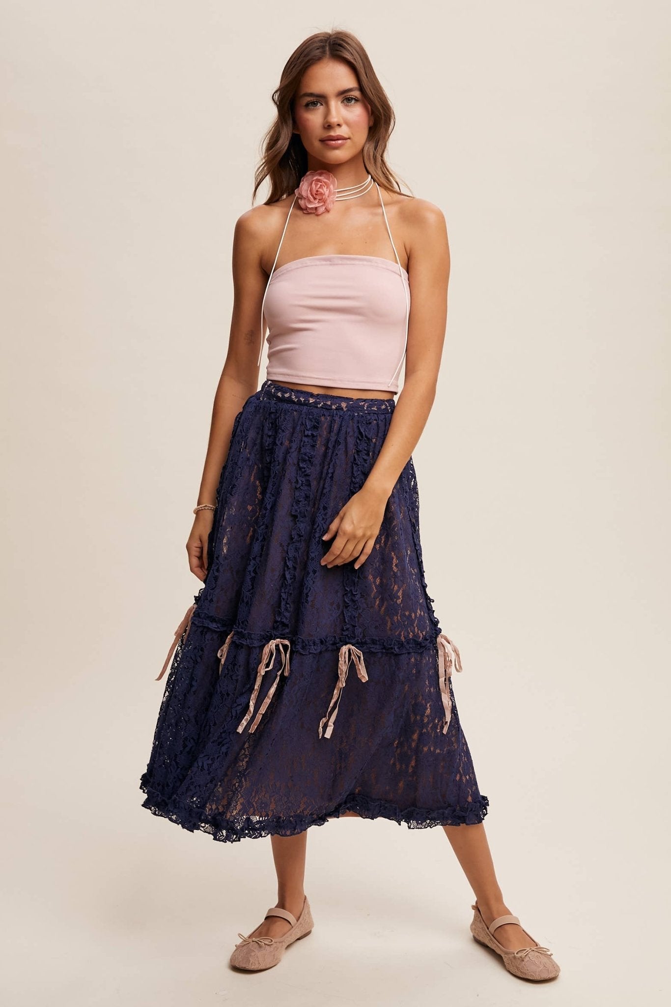 Lace Midi Skirt with Ribbon Details in Navy - ivyandlavyboutique Listicle