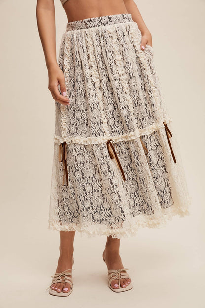 Lace Midi Skirt with Ribbon Details in Navy - ivyandlavyboutique Listicle