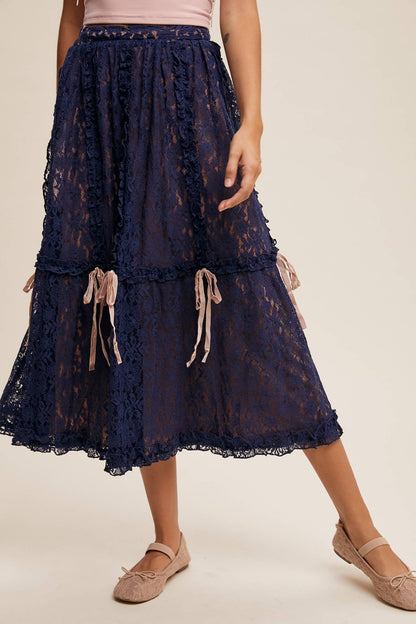 Lace Midi Skirt with Ribbon Details in Navy - ivyandlavyboutique Listicle