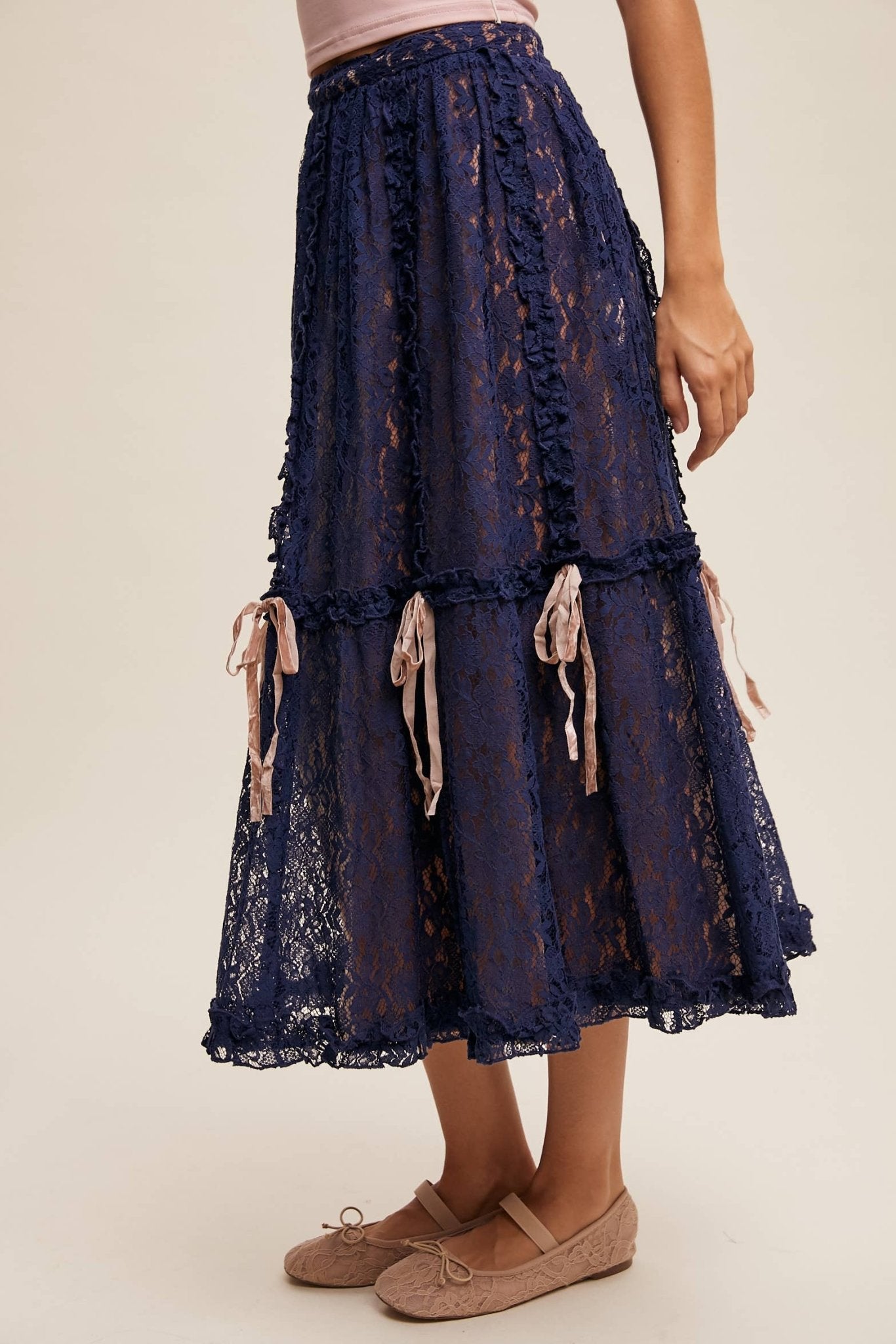 Lace Midi Skirt with Ribbon Details in Navy - ivyandlavyboutique Listicle