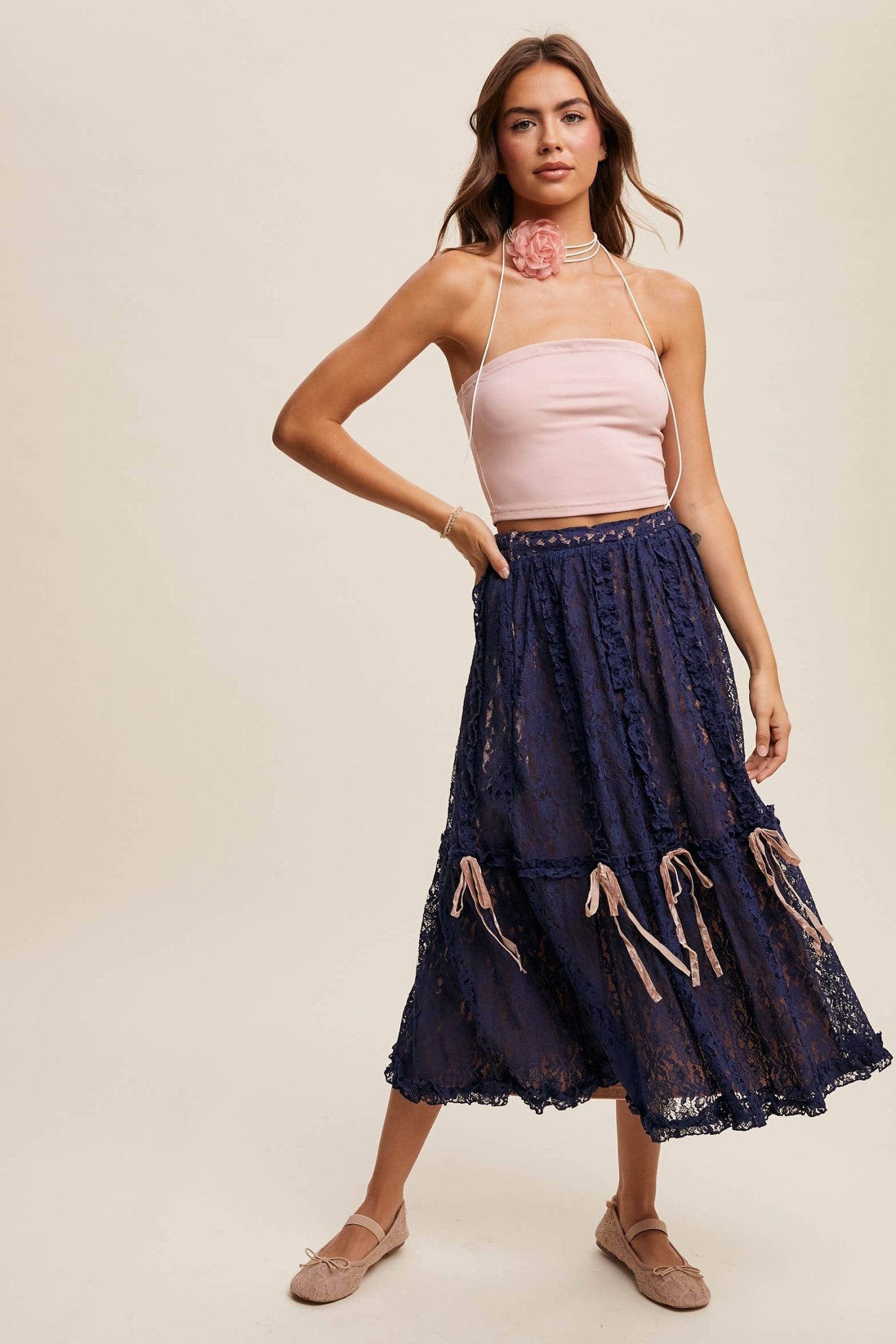 Lace Midi Skirt with Ribbon Details in Navy - ivyandlavyboutique Listicle