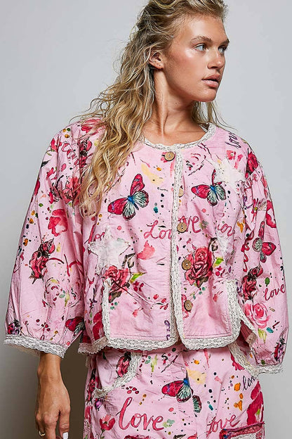 Lace Trimmed Placket Printed Vintage Star Appliqués Jacket in Pink - ivyandlavyboutique Pol Clothing