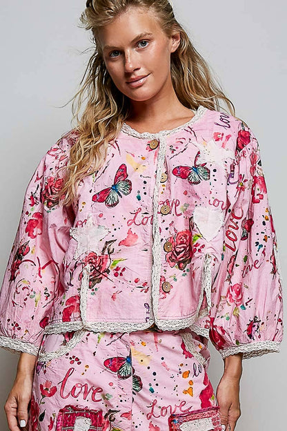 Lace Trimmed Placket Printed Vintage Star Appliqués Jacket in Pink - ivyandlavyboutique Pol Clothing