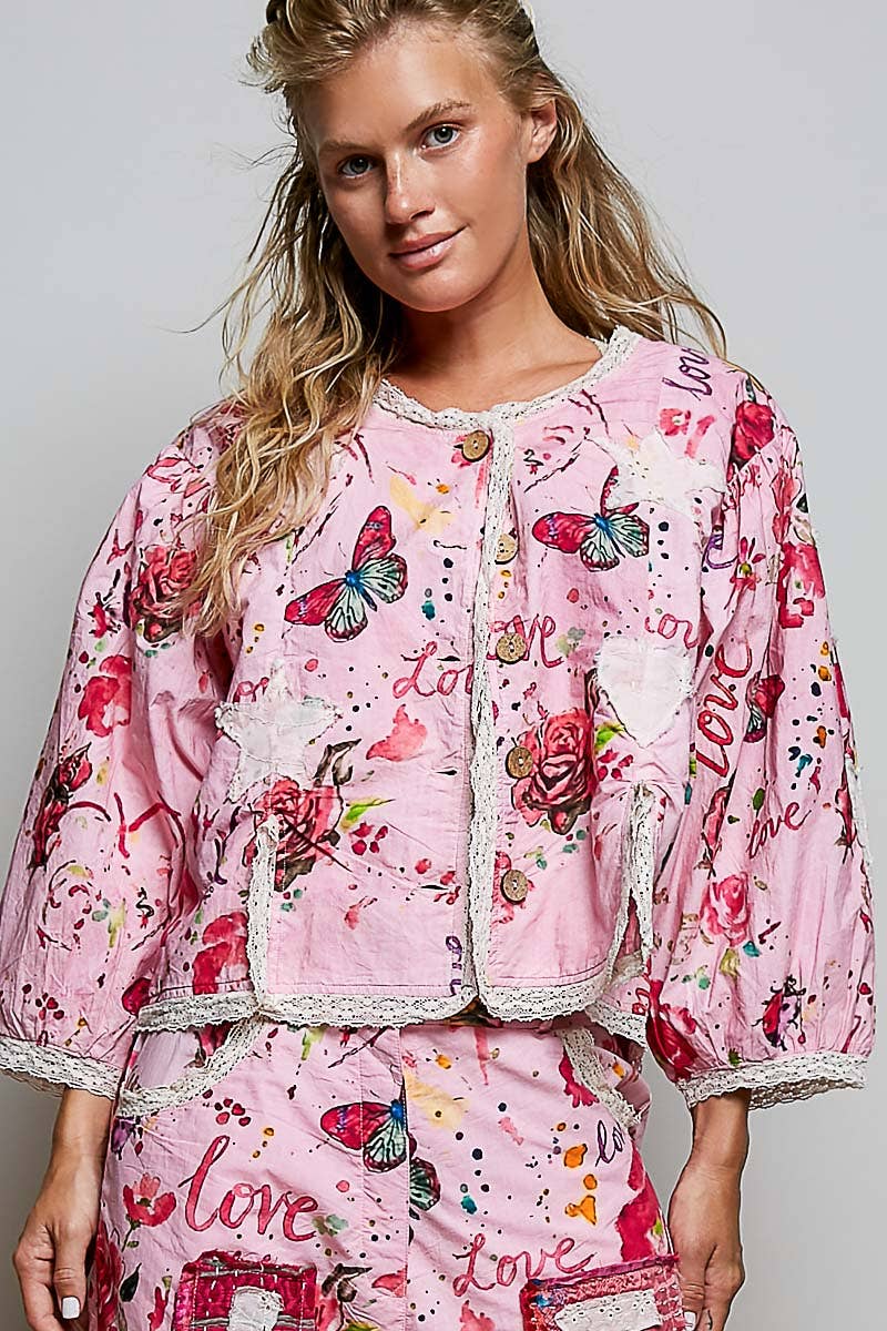 Lace Trimmed Placket Printed Vintage Star Appliqués Jacket in Pink - ivyandlavyboutique Pol Clothing