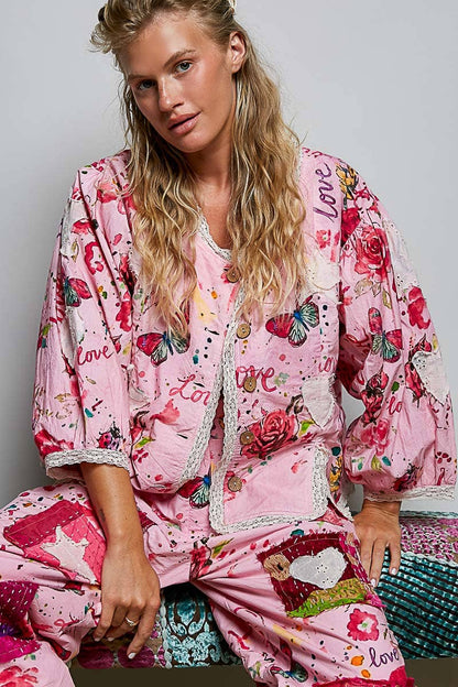 Lace Trimmed Placket Printed Vintage Star Appliqués Jacket in Pink - ivyandlavyboutique Pol Clothing