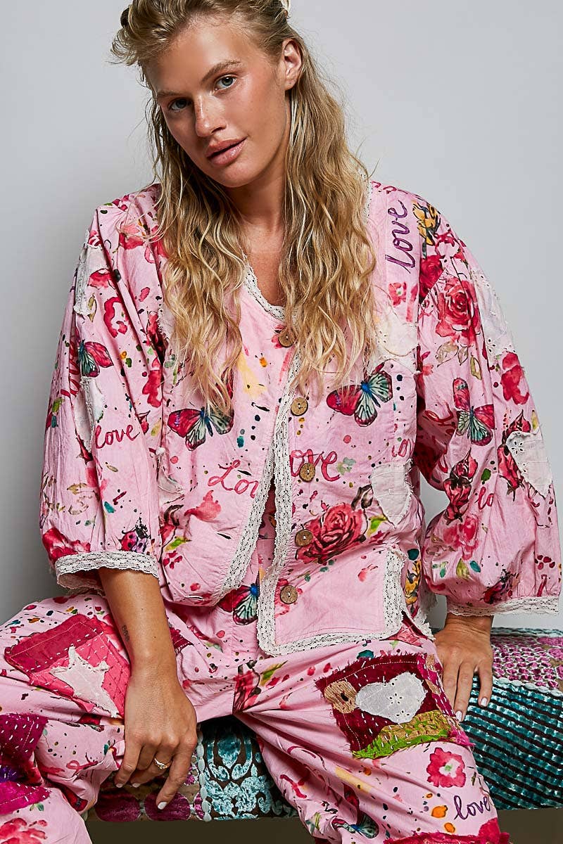 Lace Trimmed Placket Printed Vintage Star Appliqués Jacket in Pink - ivyandlavyboutique Pol Clothing