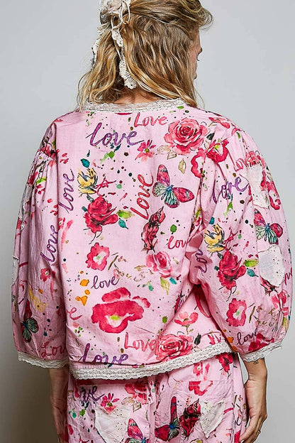 Lace Trimmed Placket Printed Vintage Star Appliqués Jacket in Pink - ivyandlavyboutique Pol Clothing