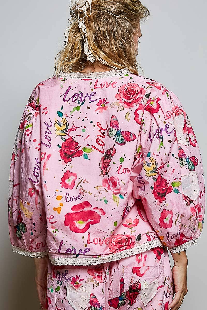 Lace Trimmed Placket Printed Vintage Star Appliqués Jacket in Pink - ivyandlavyboutique Pol Clothing