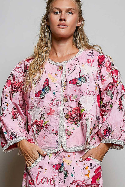 Lace Trimmed Placket Printed Vintage Star Appliqués Jacket in Pink - ivyandlavyboutique Pol Clothing
