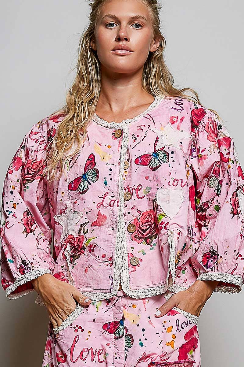 Lace Trimmed Placket Printed Vintage Star Appliqués Jacket in Pink - ivyandlavyboutique Pol Clothing