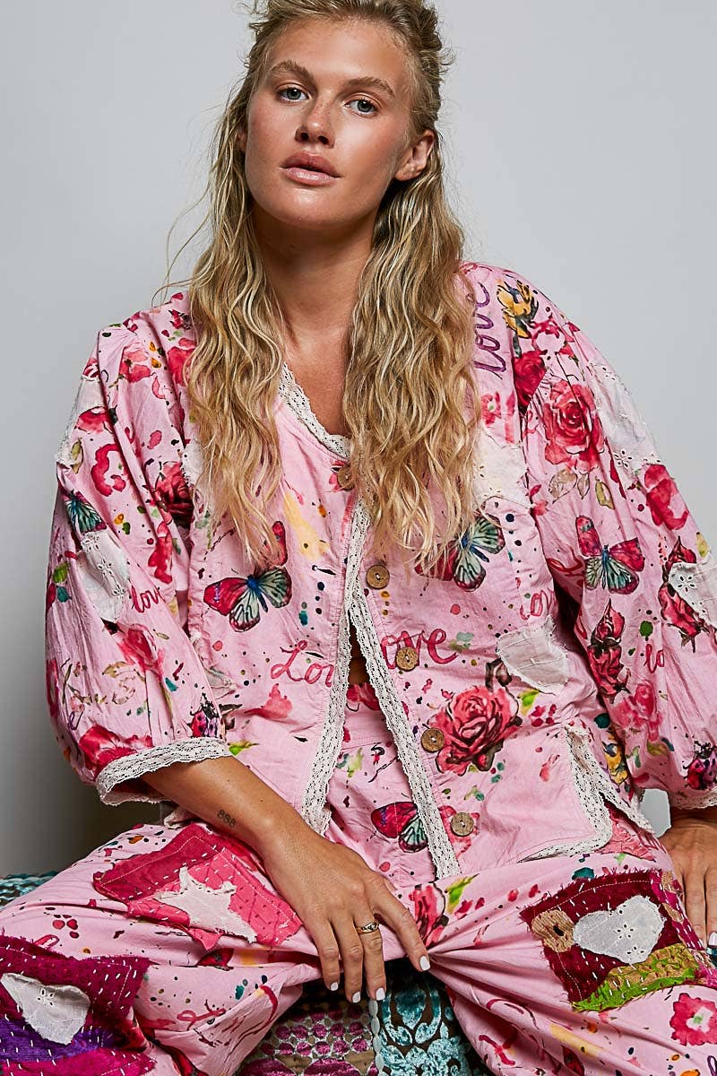 Lace Trimmed Placket Printed Vintage Star Appliqués Jacket in Pink - ivyandlavyboutique Pol Clothing