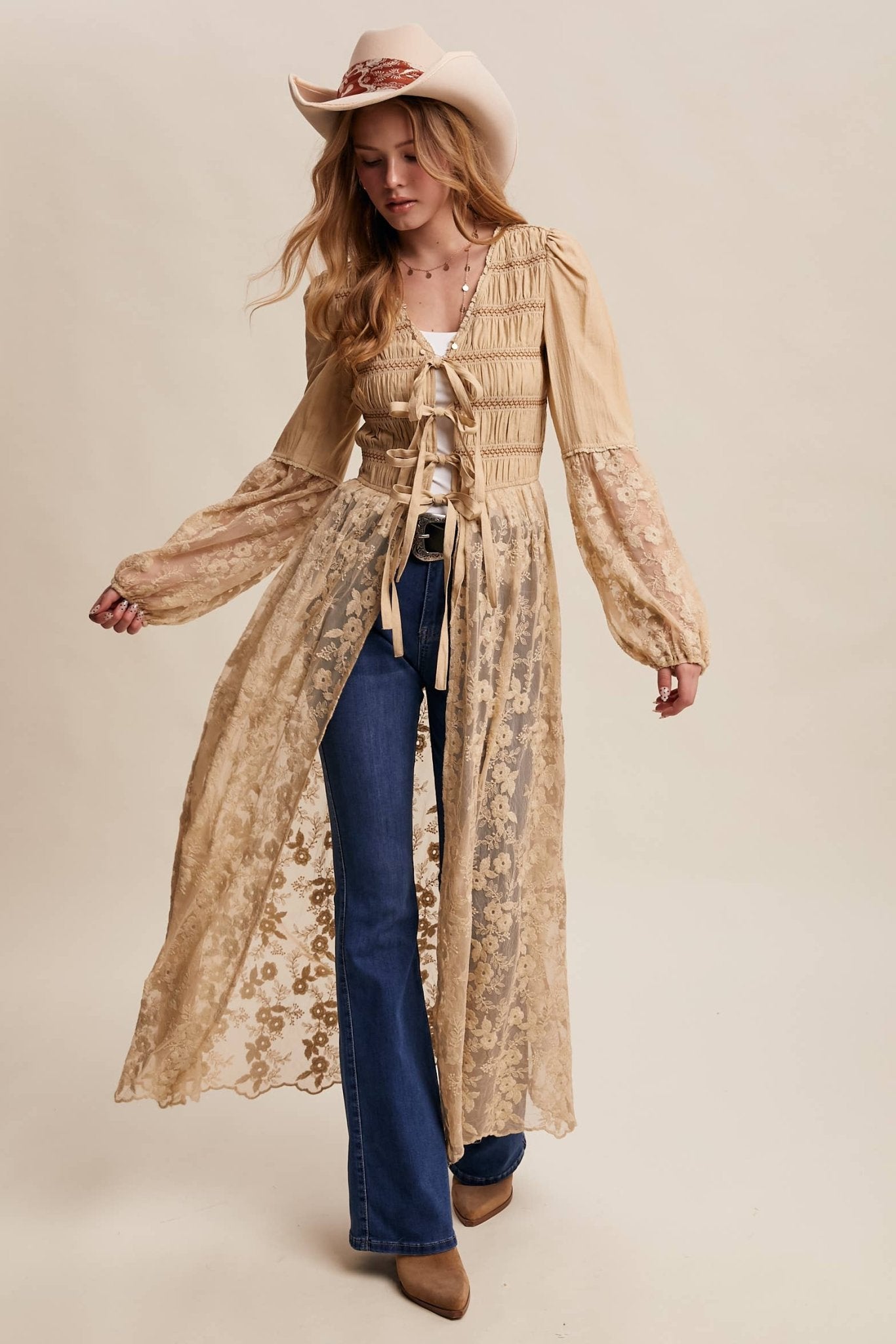 Lace - Up Embroidered Maxi Kimono in Taupe - ivyandlavyboutique Listicle