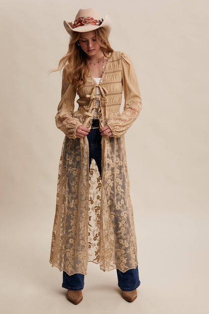 Lace - Up Embroidered Maxi Kimono in Taupe - ivyandlavyboutique Listicle