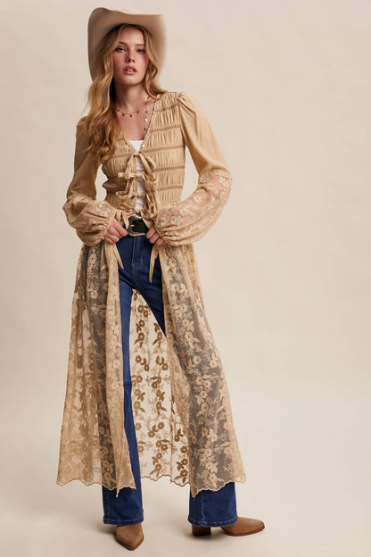 Lace - Up Embroidered Maxi Kimono in Taupe - ivyandlavyboutique Listicle