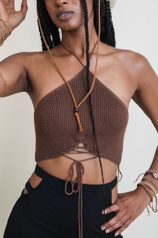 Lace - Up Halter Knit Bralette - ivyandlavyboutique Leto Accessories