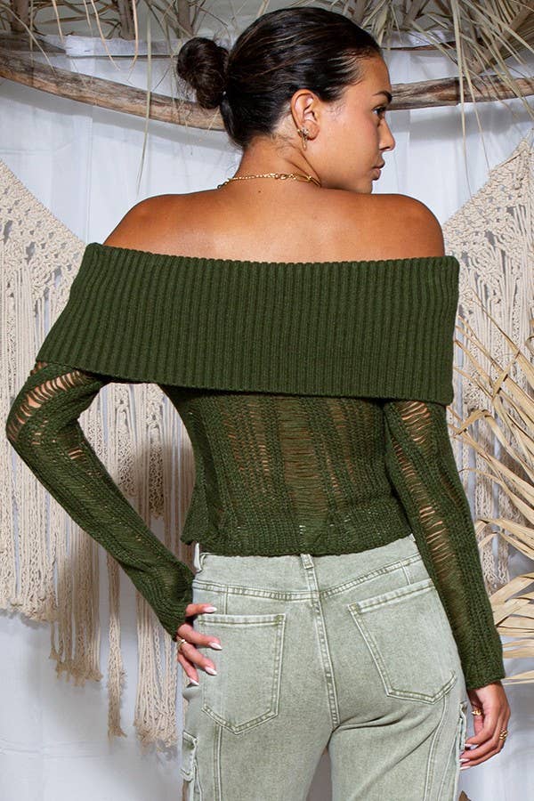 Laddered Off-Shoulder Ribbed Knit Sweater - ivyandlavyboutique Rehab Lab