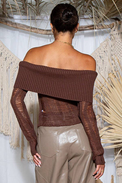 Laddered Off-Shoulder Ribbed Knit Sweater - ivyandlavyboutique Rehab Lab