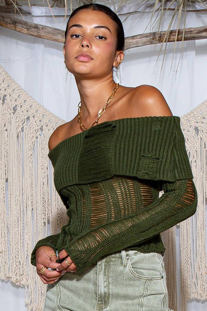 Laddered Off-Shoulder Ribbed Knit Sweater - ivyandlavyboutique Rehab Lab