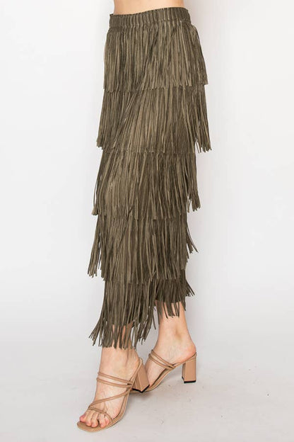 Layered Fringe Tiered Maxi Skirt in Olive - ivyandlavyboutique Origami Apparel ~ Lace and Crochet inspired