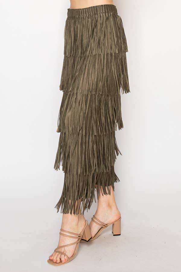 Layered Fringe Tiered Maxi Skirt in Olive - ivyandlavyboutique Origami Apparel ~ Lace and Crochet inspired