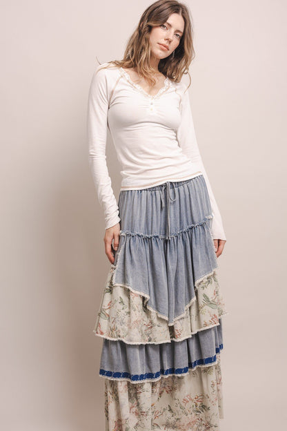 Layering Lace Trim Henley Top - ivyandlavyboutique Blue Velvet