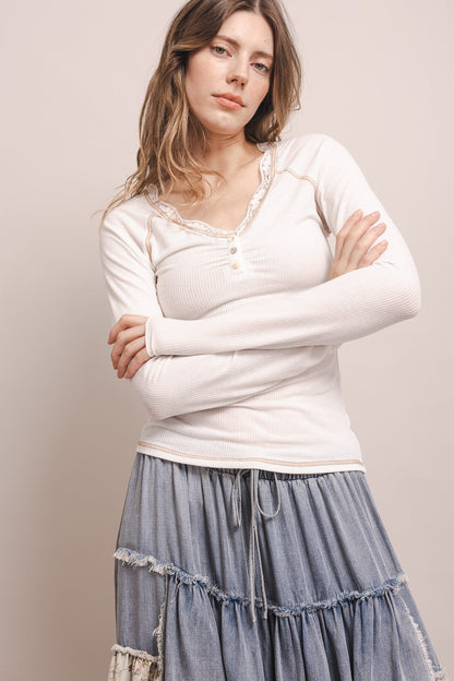 Layering Lace Trim Henley Top - ivyandlavyboutique Blue Velvet