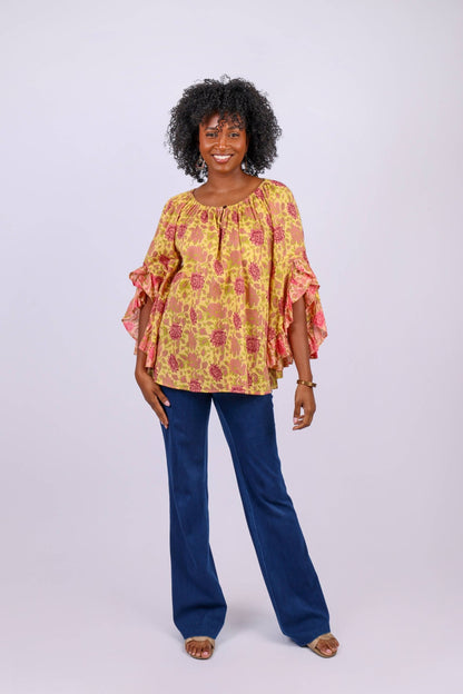 Lemon Floral Flair-Sleeve Blouse in Cotton Voile - ivyandlavyboutique Sacred Threads