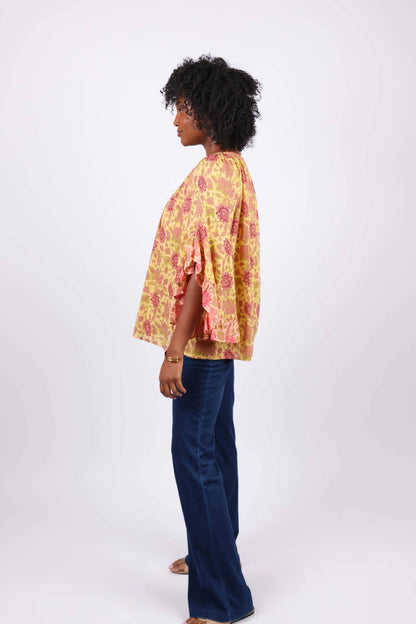 Lemon Floral Flair-Sleeve Blouse in Cotton Voile - ivyandlavyboutique Sacred Threads