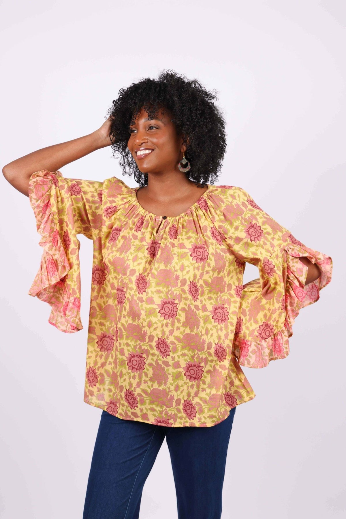 Lemon Floral Flair-Sleeve Blouse in Cotton Voile - ivyandlavyboutique Sacred Threads