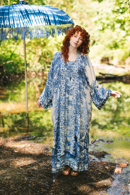 Let The Light In Bohéme Long Maxi Slip Dress w Delft Print - ivyandlavyboutique Market of Stars