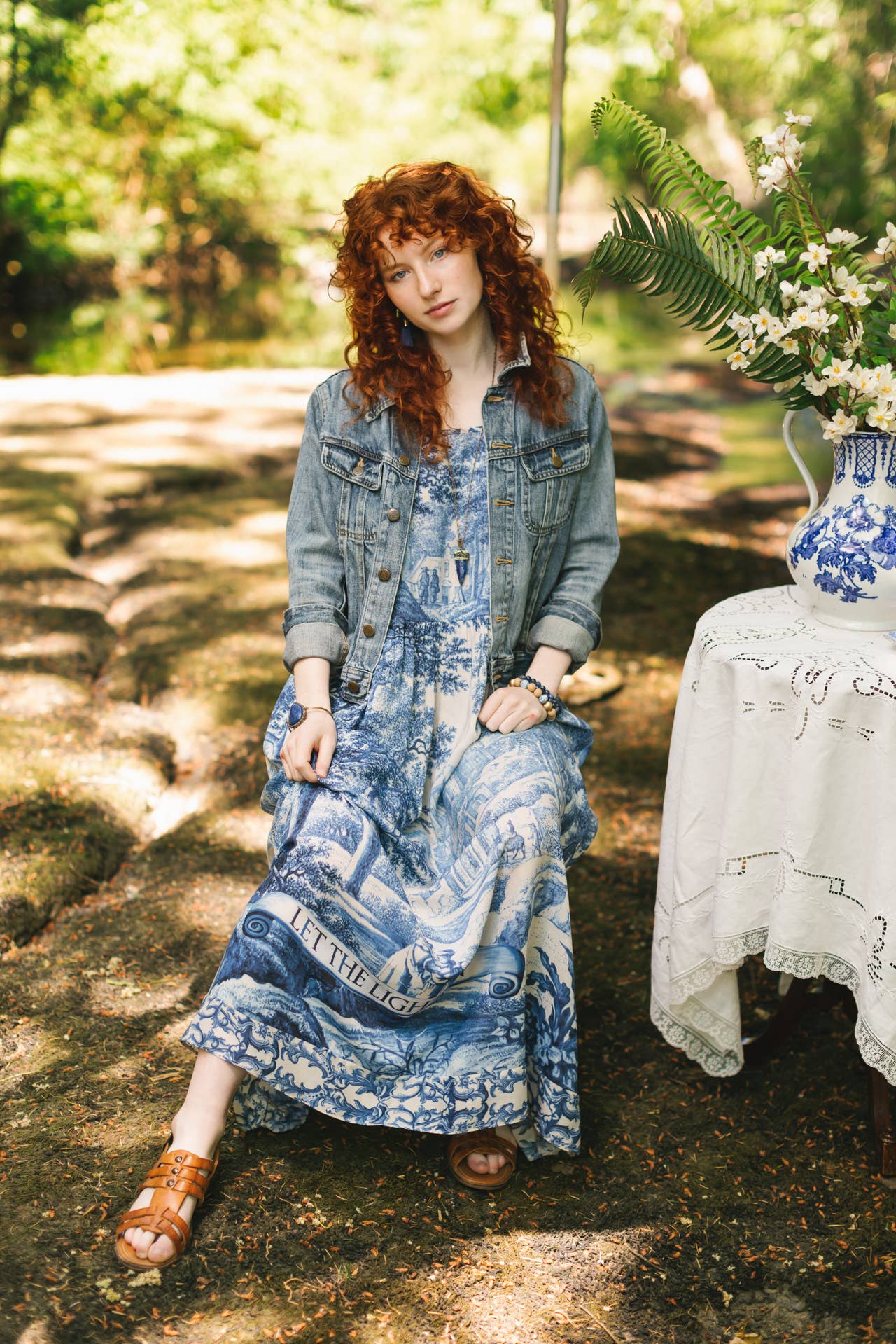 Let The Light In Bohéme Long Maxi Slip Dress w Delft Print - ivyandlavyboutique Market of Stars
