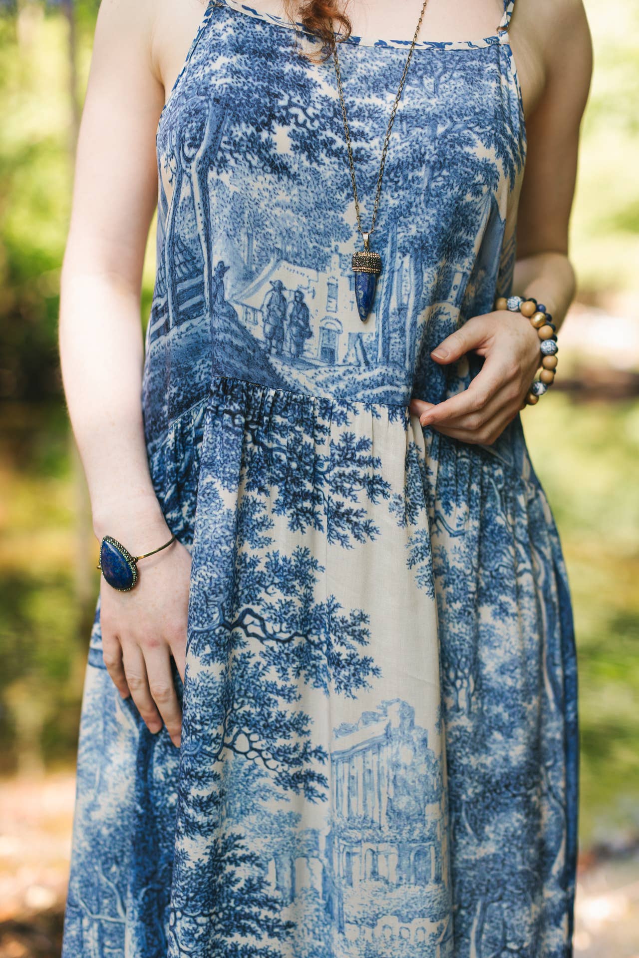 Let The Light In Bohéme Long Maxi Slip Dress w Delft Print - ivyandlavyboutique Market of Stars