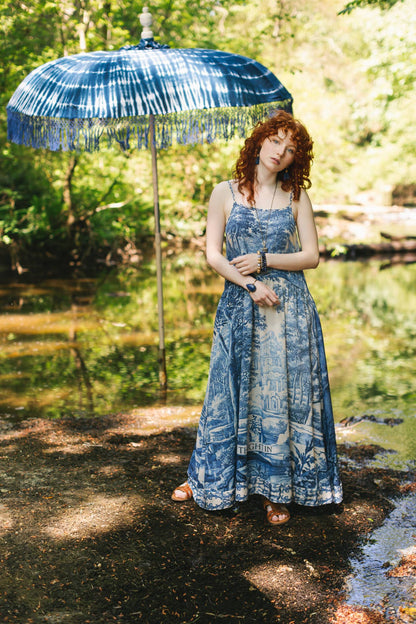 Let The Light In Bohéme Long Maxi Slip Dress w Delft Print - ivyandlavyboutique Market of Stars