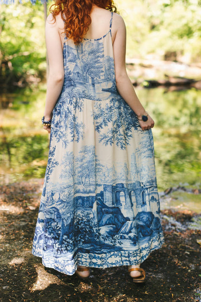Let The Light In Bohéme Long Maxi Slip Dress w Delft Print - ivyandlavyboutique Market of Stars