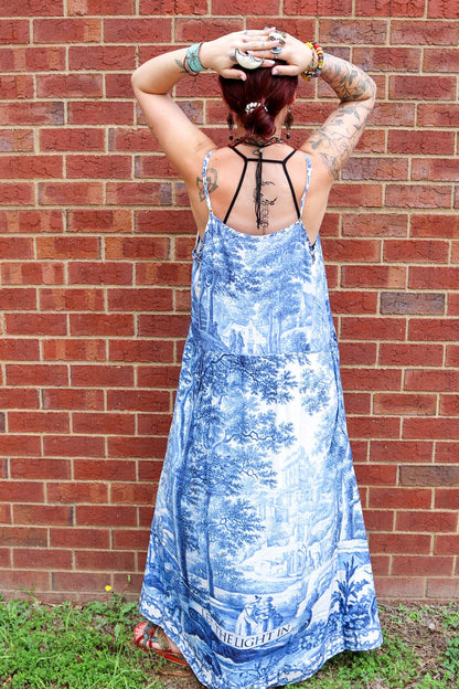 Let The Light In Bohéme Long Maxi Slip Dress w Delft Print - ivyandlavyboutique Market of Stars