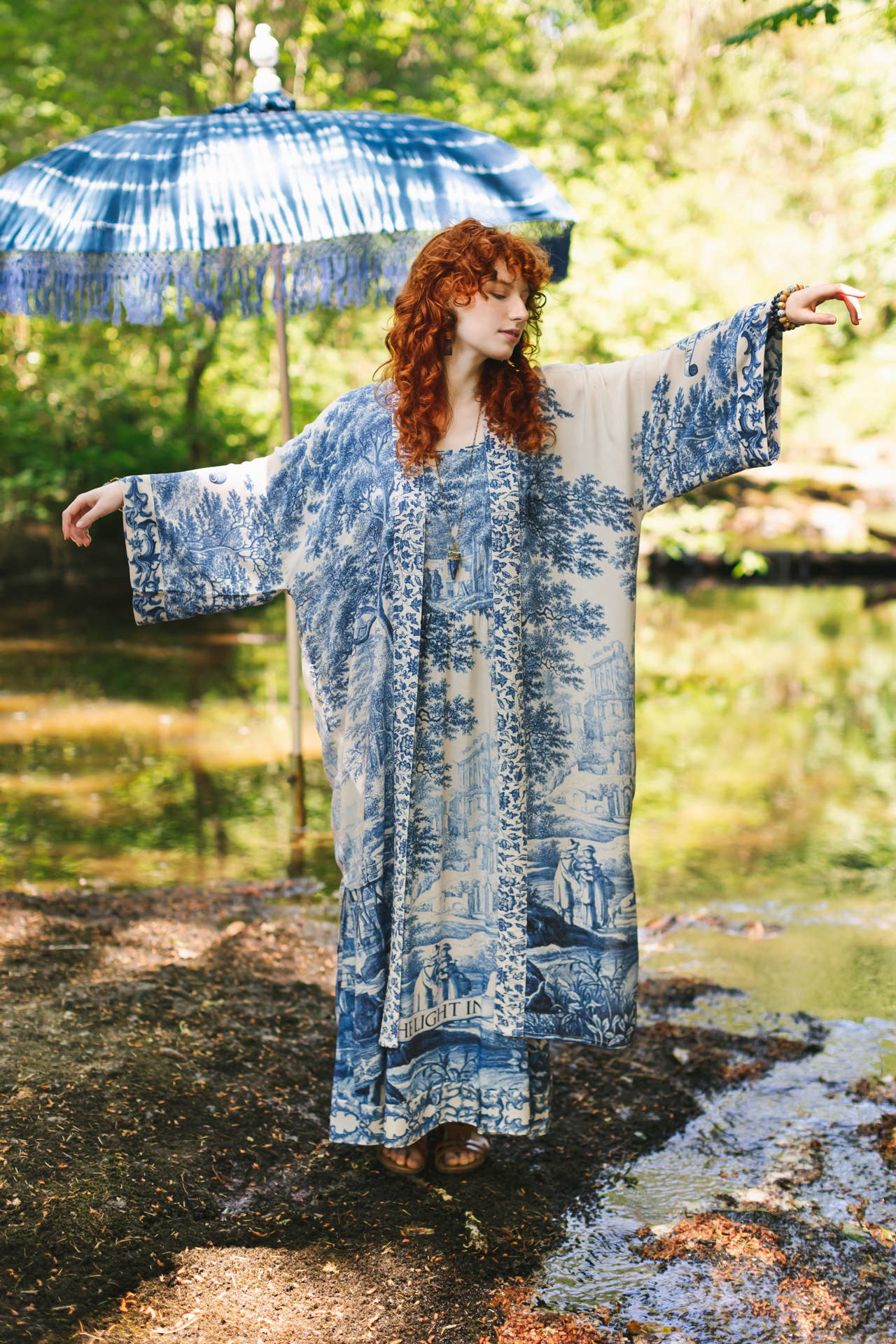 Let The Light In Bohéme Long Maxi Slip Dress w Delft Print - ivyandlavyboutique Market of Stars