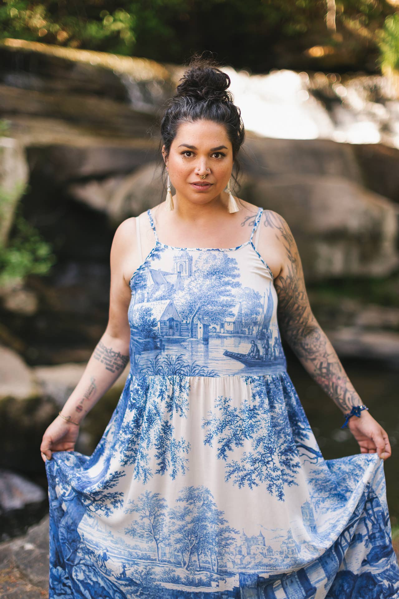 Let The Light In Bohéme Long Maxi Slip Dress w Delft Print - ivyandlavyboutique Market of Stars