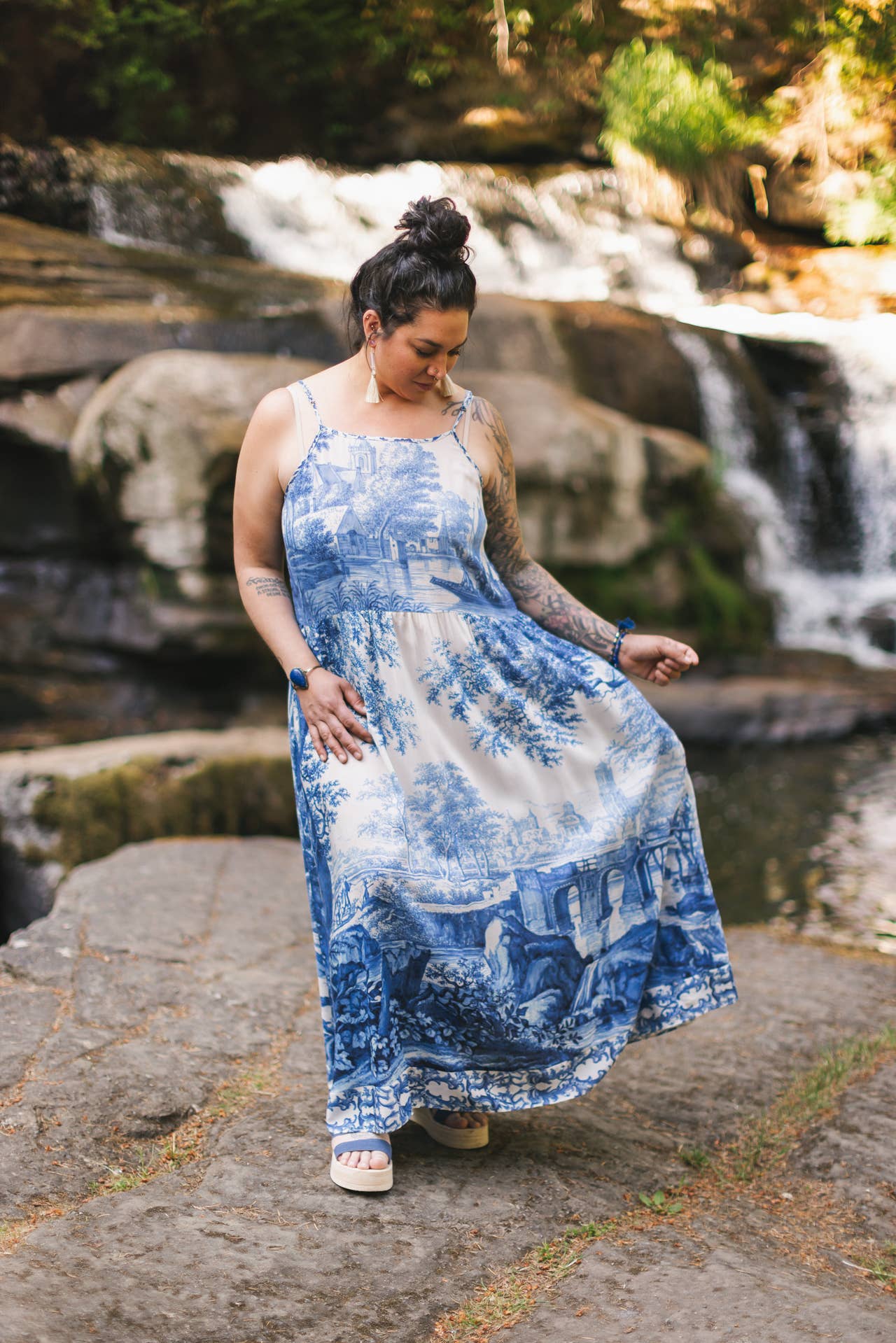 Let The Light In Bohéme Long Maxi Slip Dress w Delft Print - ivyandlavyboutique Market of Stars