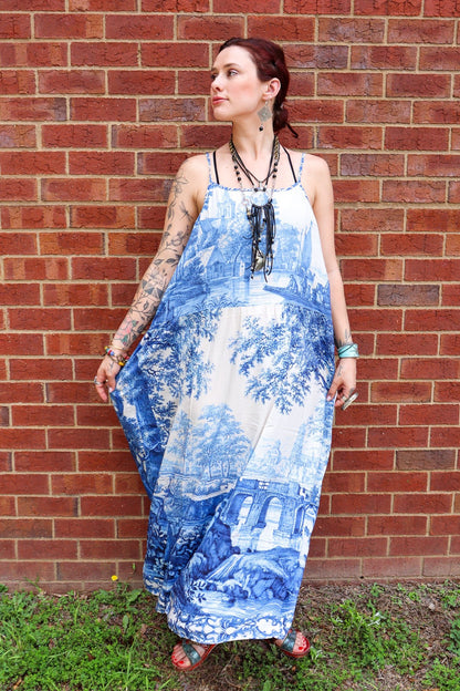 Let The Light In Bohéme Long Maxi Slip Dress w Delft Print - ivyandlavyboutique Market of Stars
